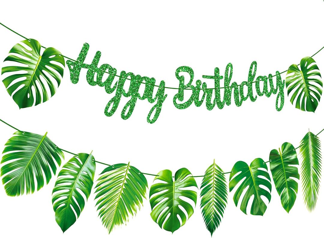 Tropical Green Palm Leaf Happy Birthday Banners Hawaiian Luau Decorations for Summer Theme Jungle Baby Shower Supplies
