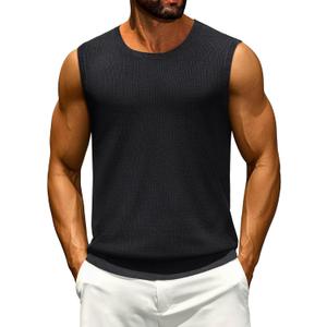 Cotrasen Mens Casual Tank Tops Ribbed Knit Sleeveless Shirt Lightweight Tee Summer Muscle T-Shirts (Black)