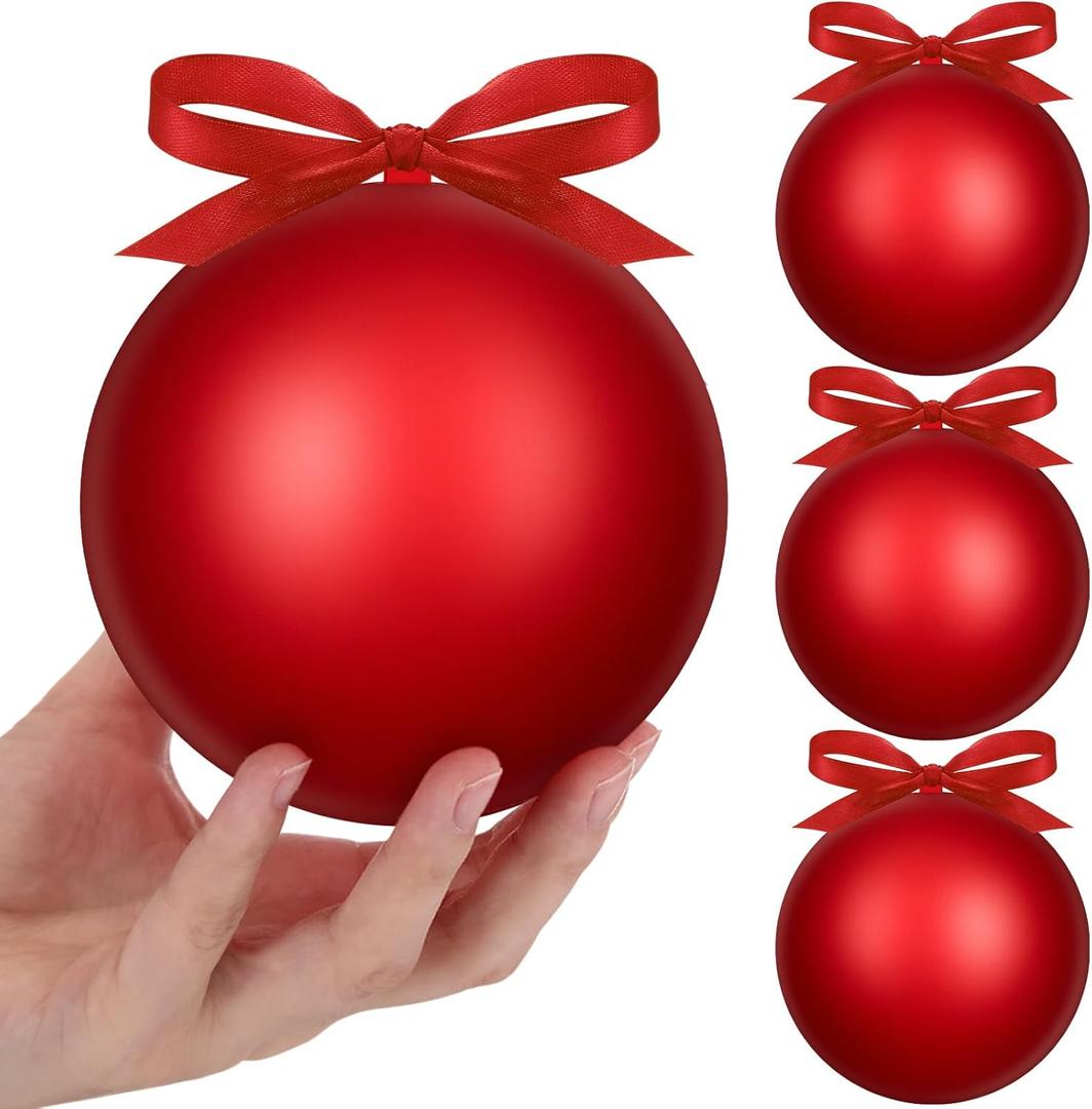 Weysat 4 Pcs 4 Inch Matte Red Fillable Christmas Ball Ornaments Plastic Christmas Tree Ornaments Balls with Hanging Ribbons for Outside Lawn Yard Tree Decorations