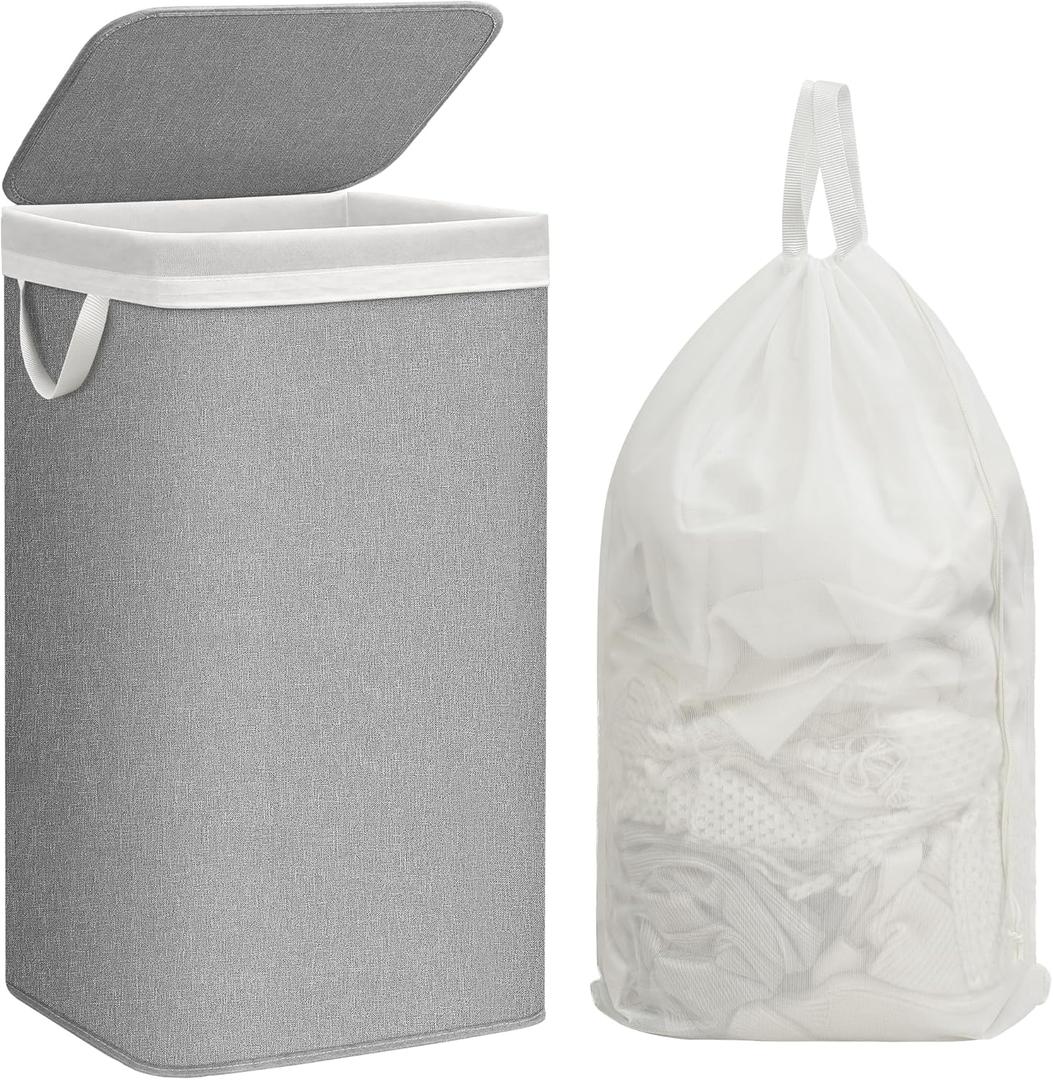 STORAGE MANIAC Metal Frame Laundry Hamper with Lid, 90L Tall Laundry Baskets with Removeable Bag, Large Clothes Hamper with PU Tag, Laundry Bin for Dorm, Collage, Bathroom, Bedroom, Gray
