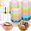 Patelai 50 Pack 8 oz Colorful Desset Cups with Spoons Disposable Ice Cream Sundae Bowls Flower Shape Clear Plastic Small Party Serving Cups for Ice Parfait Strawberry Yogurt (Multicolor)