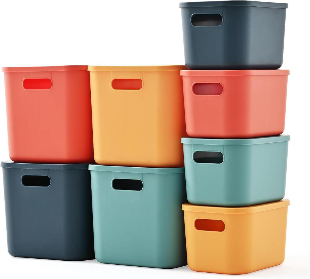 Plastic Storage Bins with Lid, Stackable Storage Containers for Organizing, Decorative Storage Baskets for Shelves Living Room Playroom Classroom Office (4 Large + 4 Small)