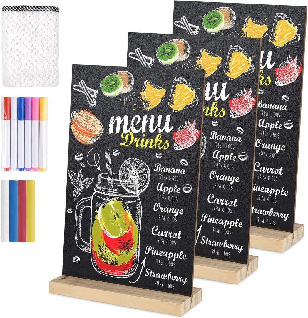 3 Packs 8 x 12 Inch Tabletop Chalkboard Sign With Wood Base - Double-Sided Message Boards Menu Stand for Kitchen, Wedding, Bar and Restaurant