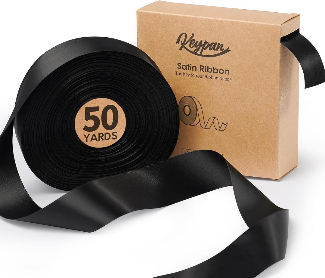 Keypan Black Satin Ribbon 1-1/2 Inch x 50 Yards Double-Faced Polyester Hair Ribbons for Women, for Gift Wrapping Paper Bows Wedding Invitations DIY Crafts
