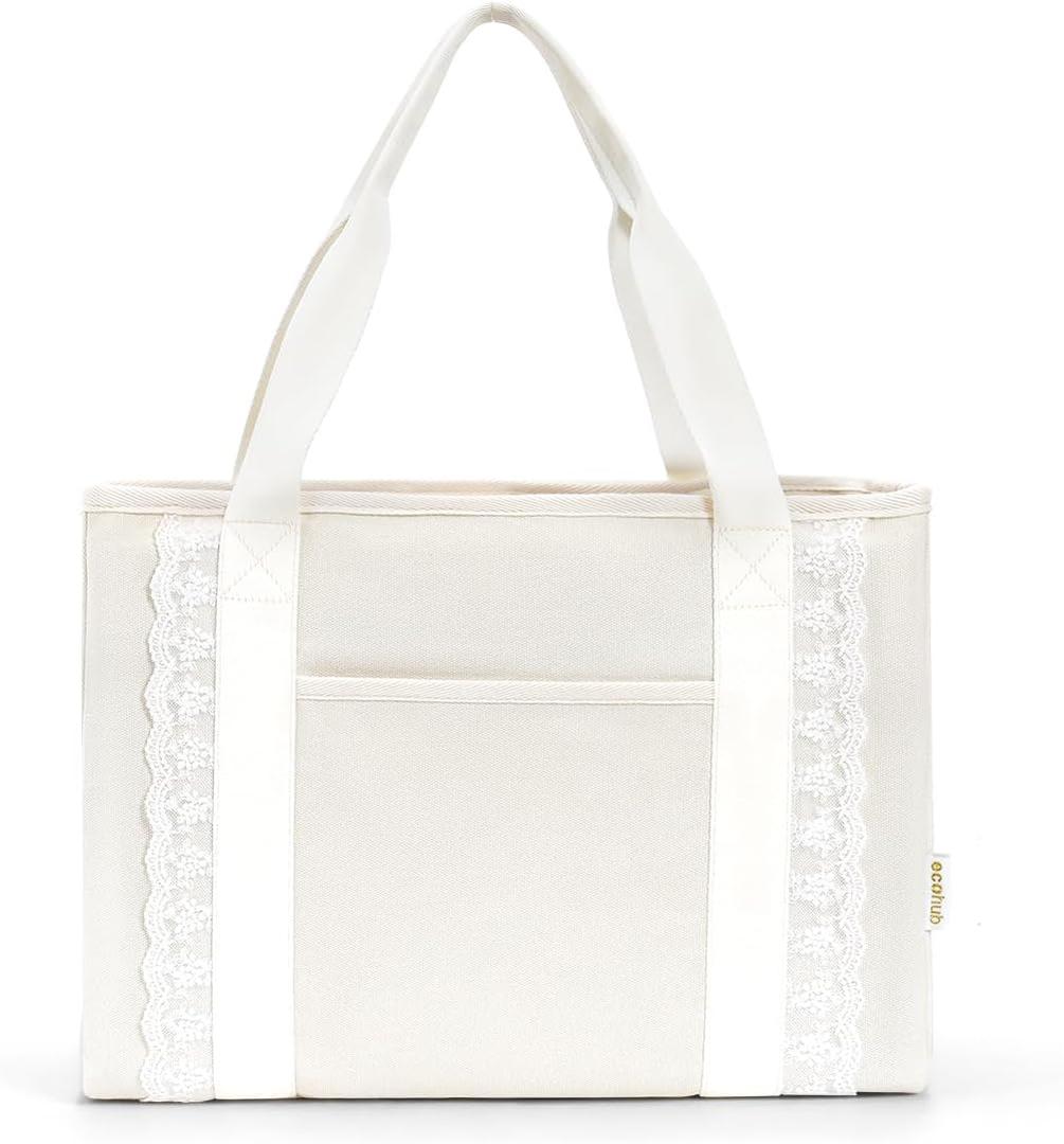 ECOHUB Lace Bows Canvas Tote Bag for Women, Large Work Tote Suitable for Birthday, Beach, Wedding, Honeymoon, Shoulder Handbags Gifts for Mom, Brides, Friends, Bridesmaids, Beige 22L