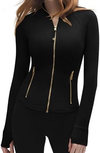 SUUKSESS Women Golden Full Zip Up Workout Cropped Jackets Lightweight Athletic Yoga Tops, M