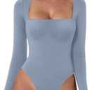 QINSEN Women's Sexy Square Neck Bodysuit Long Sleeve Double Lined Shirt Tops (Medium, County Blue)