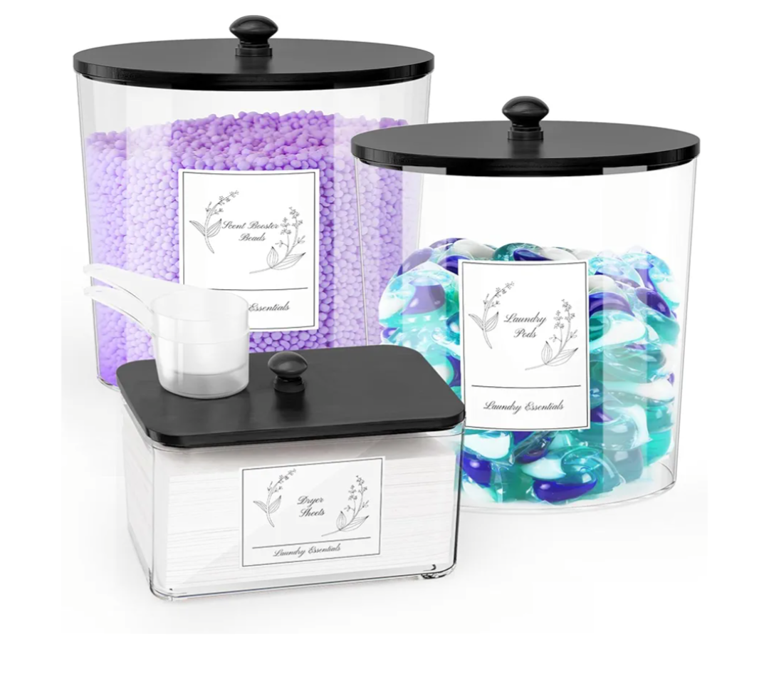 COAZEX 3 Pack Laundry Powder Container & Dryer Sheet Holder, Plastic Laundry Room Organization and Storage Jars with Lids, Labels & Scoops for Powder, Detergent, Scent Booster (Black Lid)