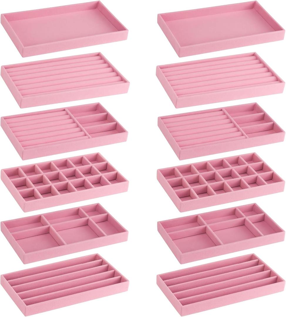12Pcs Velvet Stackable Jewelry Trays, Jewelry Drawer Organizer, Large Removable Display Jewelry Tray, Necklace Bracelet Storage Box for Earring, Ring, Brooch, Watch (Pink)