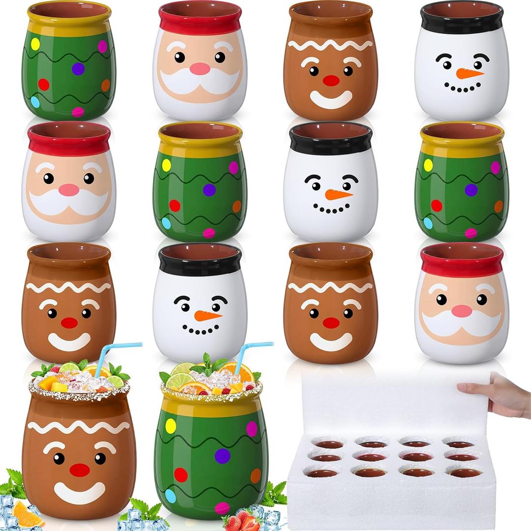 Gejoy 12 Pcs 3 Oz Christmas Cantaritos De Barro Mini Terracotta Clay Mugs Santa Claus Gingerbread Man Snowman Mexicanos Taco Cocktail Glasses for Tequila, Margaritas, Mojitos