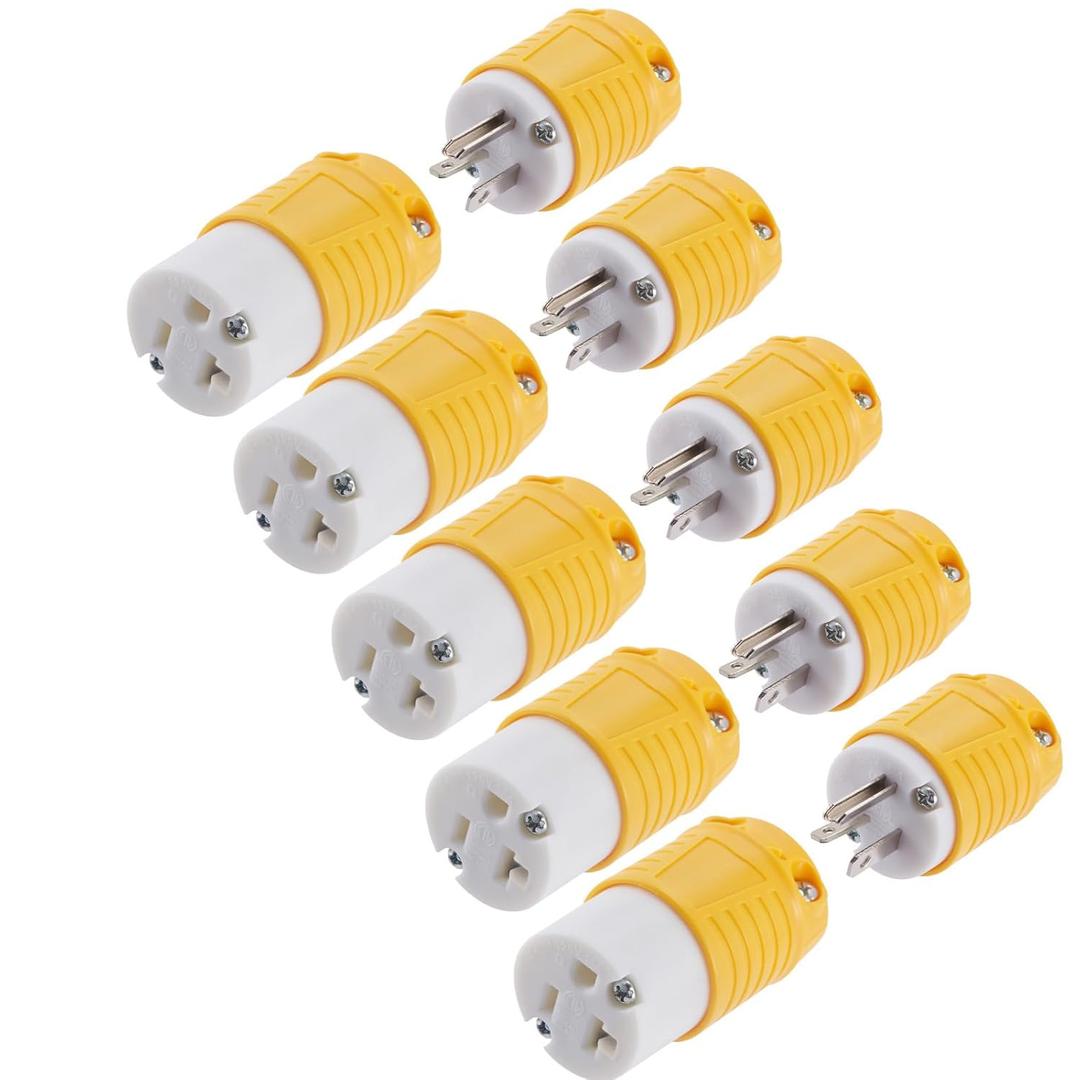 20 Amp 125 Volt Electrical Replacement Plug and Connector, NEMA 5-20 Extension Cord Ends, 2 Pole, 3 Wire Grounding, Industrial Grade, Straight Blade, Heavy Duty, 5 Set, ETL Listed