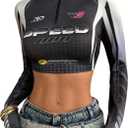 SweatyRocks Women's Racing Shirts Y2k Long Sleeve Half Zip Letter Graphic Crop Tops Black and Grey Large