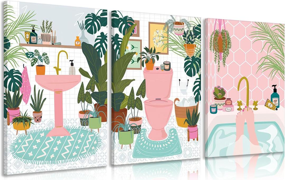3pcs Pink Bathtub Plant Canvas Wall Art Maximalist Botanical Bathroom Wall Decor Pictures Pink Toilet Bathtub Sink Posters Prints Paintins for Washroom Artwork Home Decoration Ready To Hang