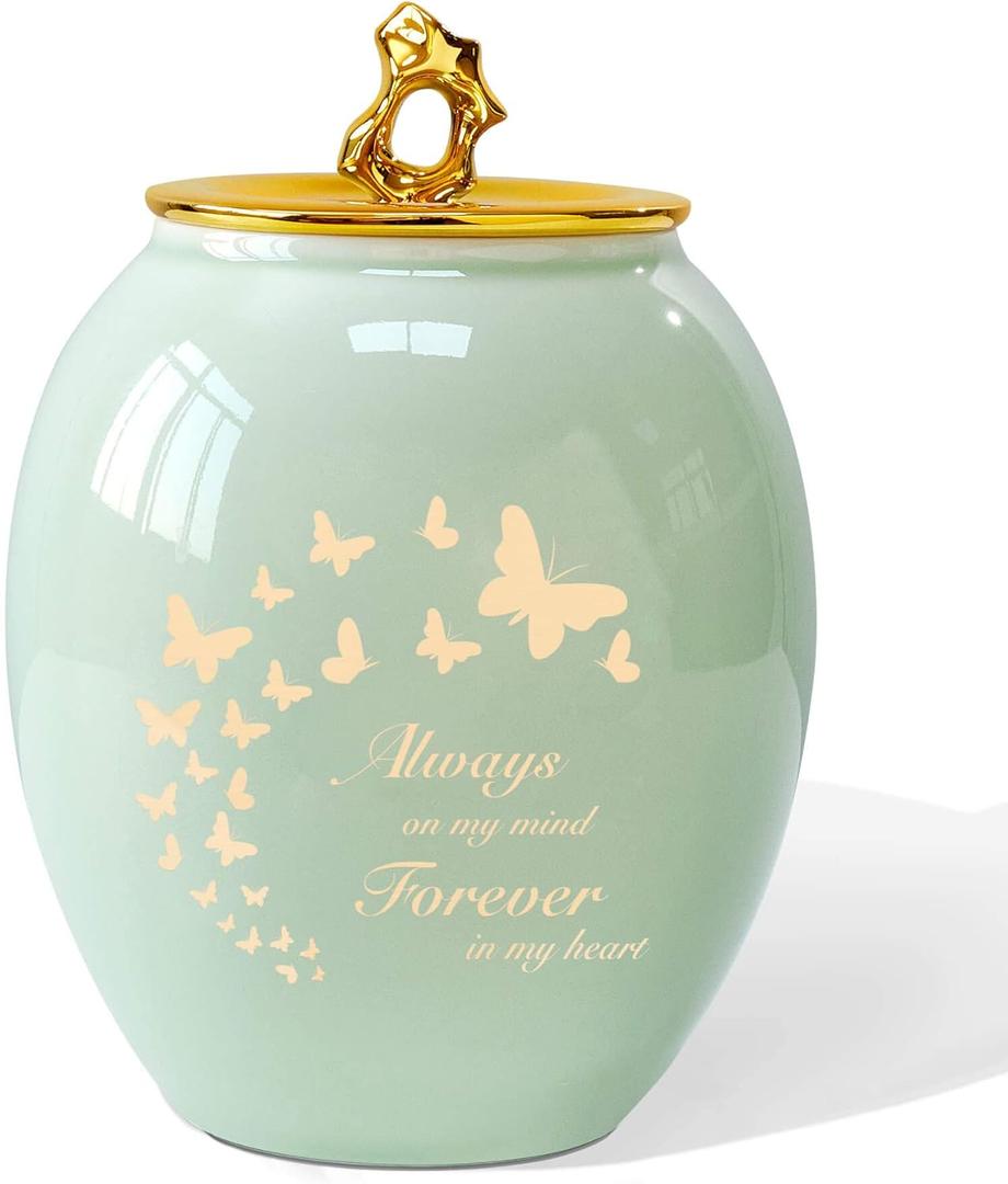 LINES ARTE Medium Butterfly Urn for Adult Human Ashes Female Male,Green Ceramics Decorative Urns for Human Ashes Women/Mom/Mother
