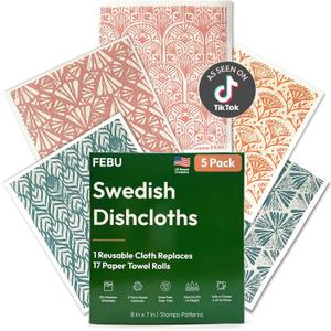 FEBU Swedish Dishcloths for Kitchen | 5 Pack Stamps Reusable Paper Towels Washable | Swedish Dish Towels | Non-Scratch Cellulose Sponge Cloths | No Odor, Biodegradable Cleaning Cloths