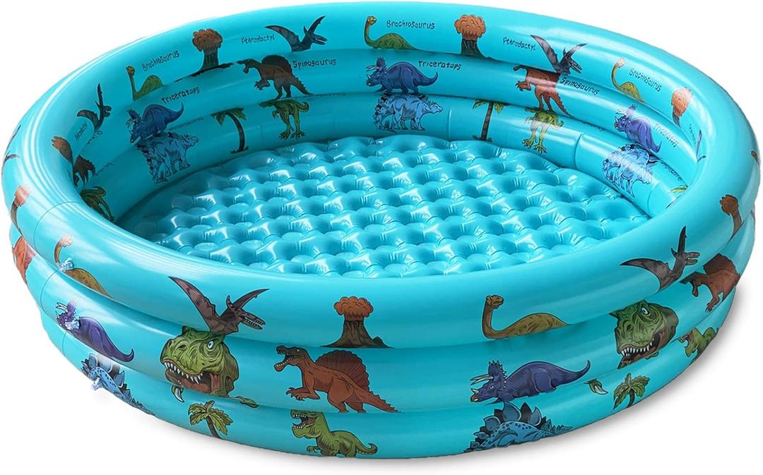 Dinosaur Inflatable Kiddie Pool, Blow Up 3-Ring Round Baby Play Center for Inside or Outdoor, Toddler Ball Pit/Fishing/Toys - 57'x15'
