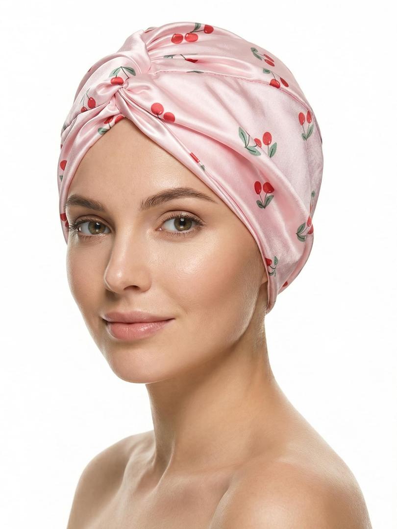 3 x Ramede Pink Bow/Cherry Silk Bonnet for Sleeping Women Adjustable Satin Coquette Cap Double Hair Bonnet for Curly Braid Hair(Pink Cherry)