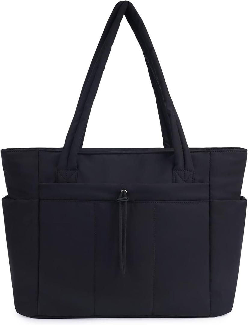 Wandering Nature Puffer Tote Bag with Cup Holder & Laptop Compartment & Trolley Sleeve for Travel, Work, Nurse, Women (Medium, 01-black)