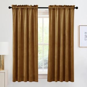 RYB HOME Super Luxury Velvet Curtains with Rod Pocket Design, Privacy Thermal Insulated Window Drapes Room Darkening Shades for Dorm Basement Bedroom, Golden Brown, W52 x L72 inch, 2 Panels Set