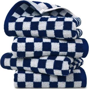 Jacquotha Hand Towels Navy Blue Checkered 4-Pack for Bathroom Coastal & Neutral, Lightweight Absorbent Cotton Towels for Men Women Relaxed Use, 13x29 Inches