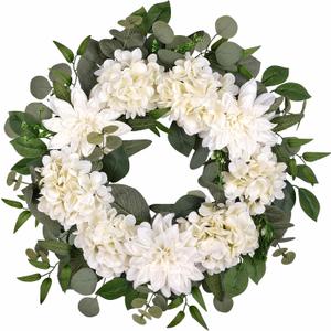 24" Spring Summer Front Door Wreath, Life-Like Artificial White Dahlia Hydrangea Wreath for Wedding Valentine's Day Mother's Day Memorial Day