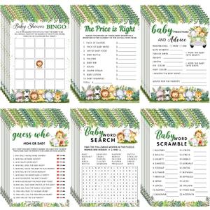 Jetec 302 Pcs Safari Animal Theme Baby Shower Games, 6 Games, 50 Sheets Each, Shower Party Bingo, Word Scramble, Baby Word Search, Predictions and Advice, The Price is Right, Guess Who