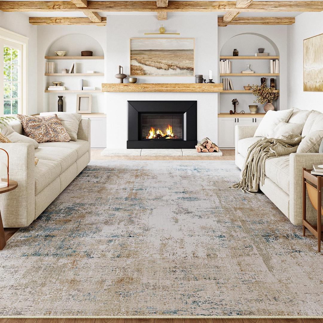 8x10 Washable Area Rug Beige Blue Abstract Non Slip Soft Low Pile Rug for Living Room Bedroom Dining Room Office Neutral Modern Indoor Large Throw Carpet for Home Decor