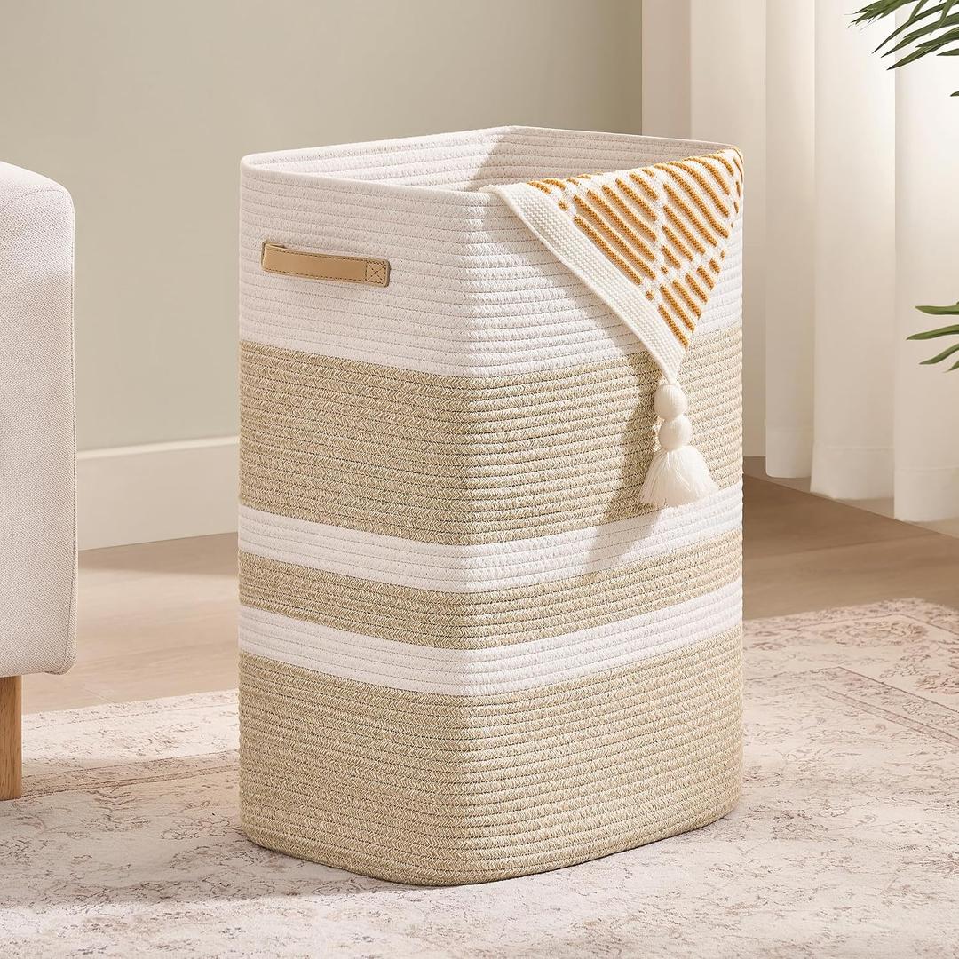 Nunsino Laundry Hamper,Laundry Basket with Leather Handles,Woven Storage Basket for Toys,Pillows,Blankets,Clothes,Brown&White