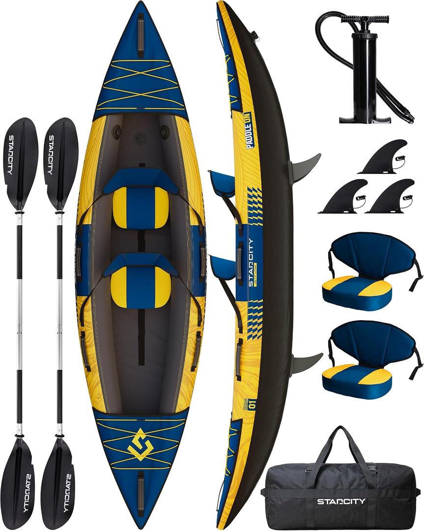 Starcity Kayak Inflatable Tandem Wide Stable Touring Fishing Design 600 Pound Capacity 12" 2"*36"*13" for Lake River Recreational Paddling Families Beginners W/Adjustable Seat Storage Compartment