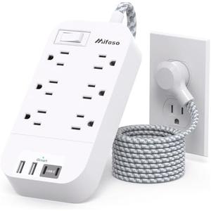 Power Strip - 15 FT Long Flat Plug Extension Cord, 6 Outlets 4 USB Ports（2 USB C, Outlet Extender with Overload Protection, Wall Mount, Desktop Charging Station for Office and Dorm Essential