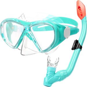 Kids Snorkel Set Dry Top Snorkeling Gear for Kids Youth Boys Girls Junior Age 5-15,Tempered Glass Swimming Diving Mask and Snorkel Set 180 Degree Panoramic View (Light Green)