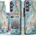 Goodon for Samsung Galaxy S24 Plus Case Wallet - Flip Folio Leather Cover with Trendy Floral Design, 3 Card Slots & Kickstand Function, Protective Phone Case for Women and Girls - Teal Gold Marble