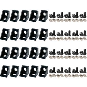 20 Sets 2020 Aluminum Extrusion T Slot Corner Bracket 20 Series Extruded Hardware 90 Degree Right Angle Connector with M5 Bolts Nuts for 20/20 80 20 2040 T V Slot Black Aluminum Profile