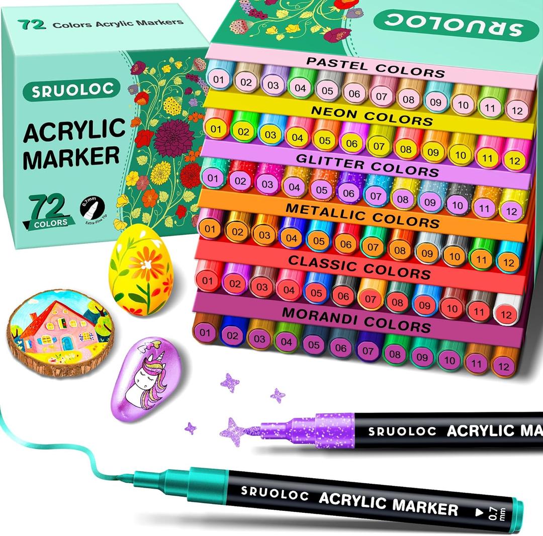 Acrylic Paint Pens Markers Set, 72 Colors Extra Fine Tip Point Acrylic Paint Markers for Textile, Rock Painting, Canvas, Wood, Ceramic, Glass, Stone, Fabric, DIY Crafts & Art Supplies