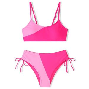 FoWear Girls Swimsuits Bikini Set 2 Pieces Rose Powder Patchwork Color Block Bikini with Adjustable Shoulder Strap Girls Bathing Suits Size 8-10