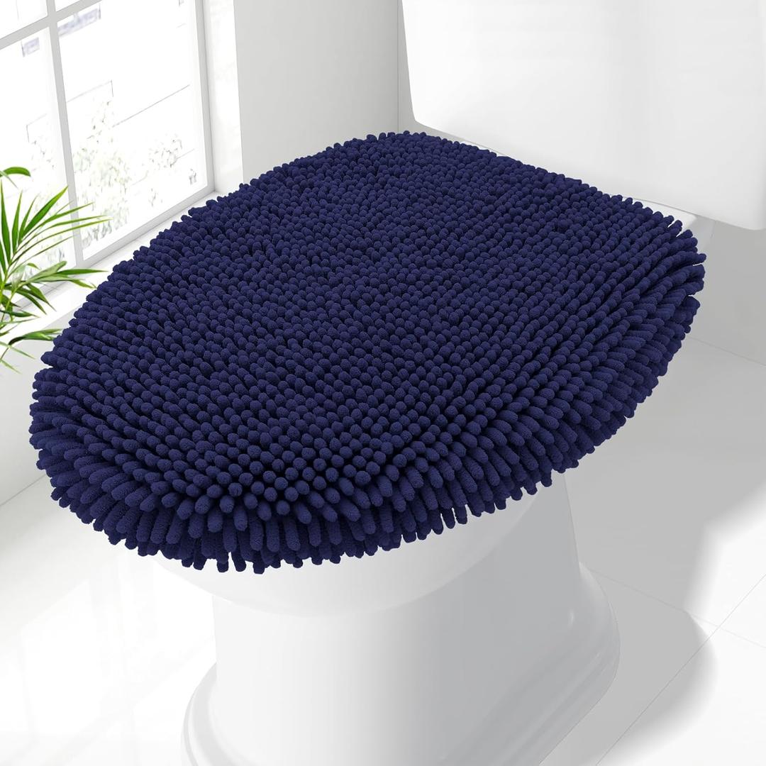 Smiry Soft Chenille Bathroom Toilet Lid Cover, Machine Washable Covers, 17.5x15, Fits Most Round, Elongated and Oblong Lids, Accessories Decor, Navy Blue