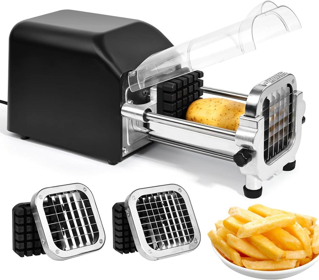 Electric French Fry Cutter, Upgrade Lid Control Version with 1/2 Inch and 3/8 Inch Blade. 300w Commercial Grade Stainless Steel Potato Cutter for French Fries, Sweet Potato,Carrots