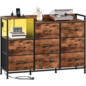 Somdot Dresser with Charging Station and Open Shelves,Dresser for Bedroom with 8 Drawers,Storage Cabinets Organization Units for Living Room,Hallway, Sturdy Metal Frame,Wood Top,Wood Grain Print, 11.4"D x 39"W x 27.8"H