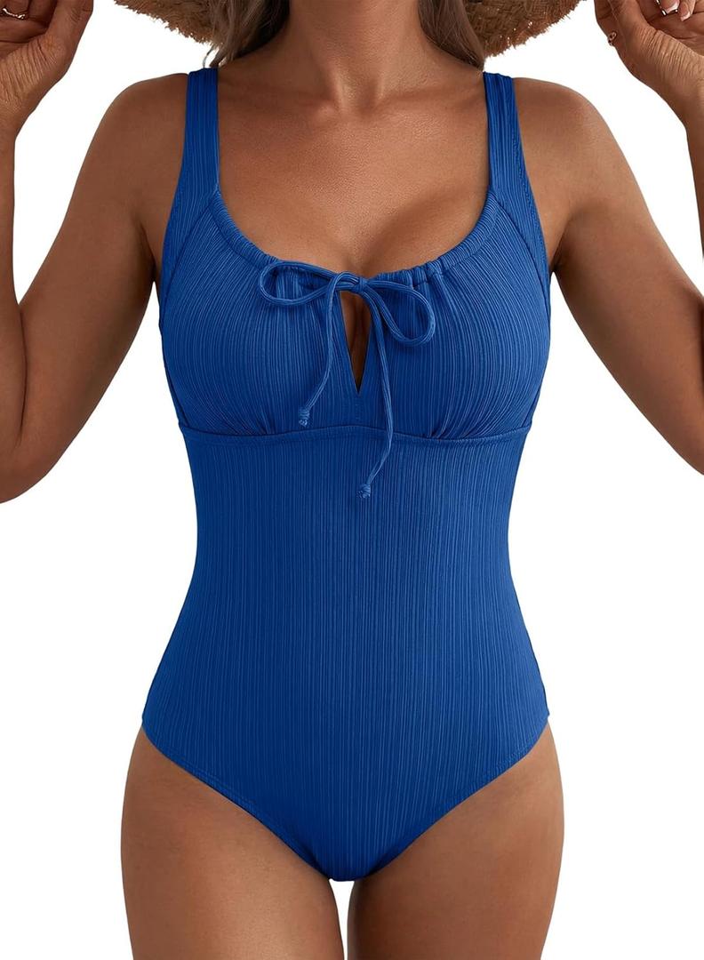 Aleumdr 2026 Trendy Textured One Piece Bathing Suit for Women Tummy Control Swimwear Slimming Bathing Suit Cutout Tie Knot Swimsuit Dark Blue, X-Large