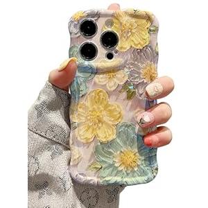EYZUTAK Case for iPhone 15 Pro, Colorful Retro Oil Painting Flower Laser Glossy Cute Curly Wave Edge Case Stylish Durable Soft TPU Protective Phone Cover for Girl Women - Yellow Flower/ Purple