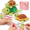 Mewaii Beginner Crochet Kit with 40% Extra Yarn, Pre-Started Yarn & Video Tutorials - 3 Sea Turtles Craft Set for Adults & Kids (Brown and Green)