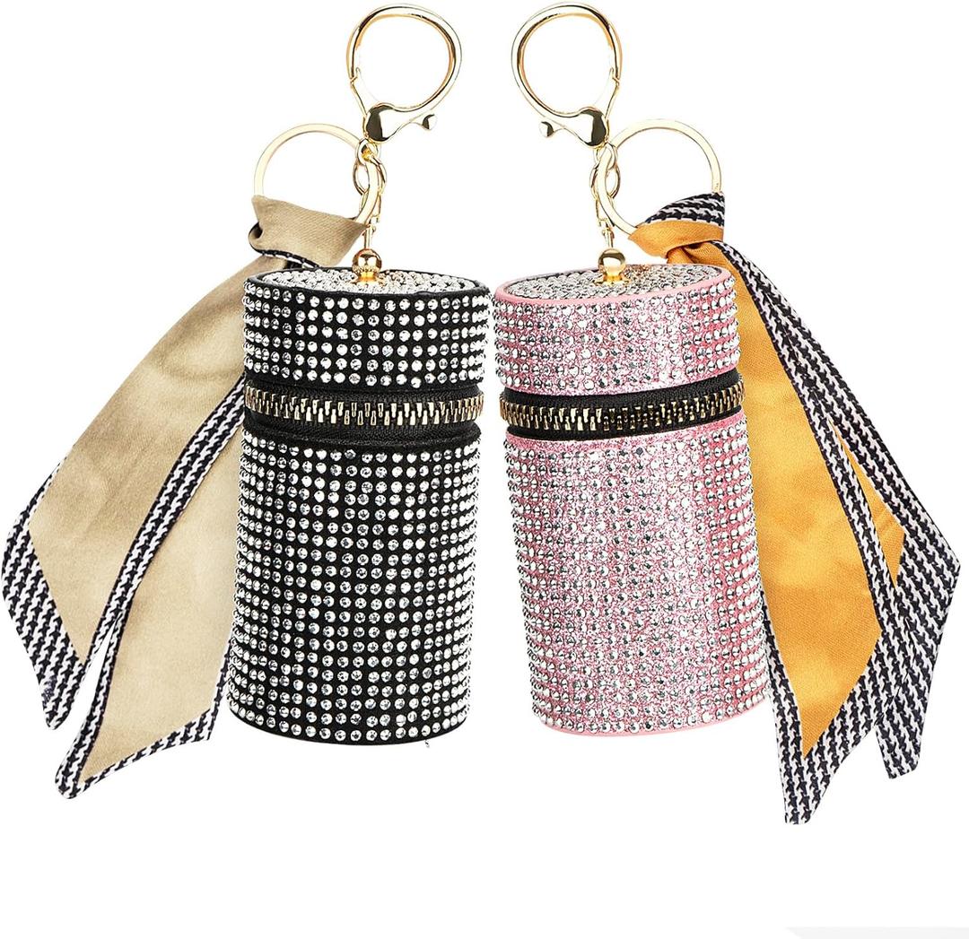 2 Pack Lipstick Case Keychain, Leather Diamond Lip Gloss Holder, Travel Lipstick Organizer for Fingernail Polish (Black, Pink)