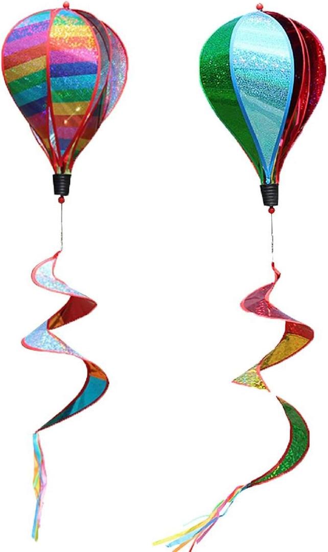 2Pcs Hot Air Balloon Wind Spinner Rainbow Whirl Hanging Ornament Spinning Balloon Windmill Toy Set for Outdoor Garden Patio Yard Home Decoration
