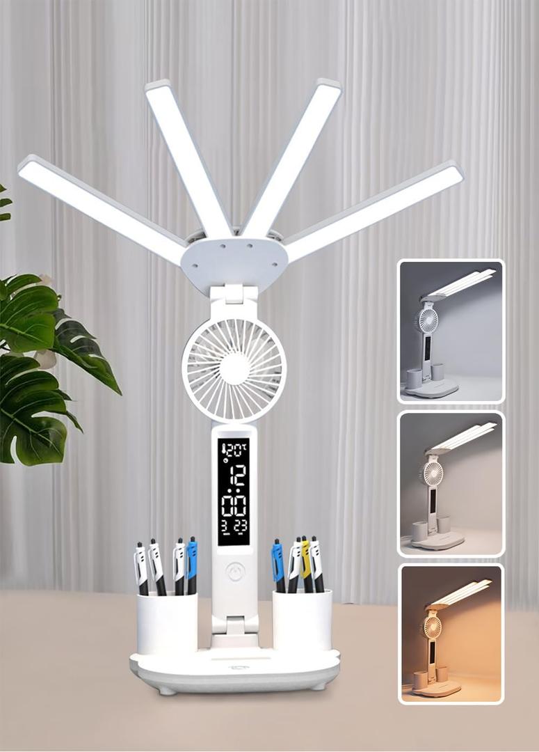 Led Desk Lamp with Fan Study Light with Clock, Adjustable Foldable Table Lamp with Pen Holder, 3 Brightness Levels, USB Charging Port