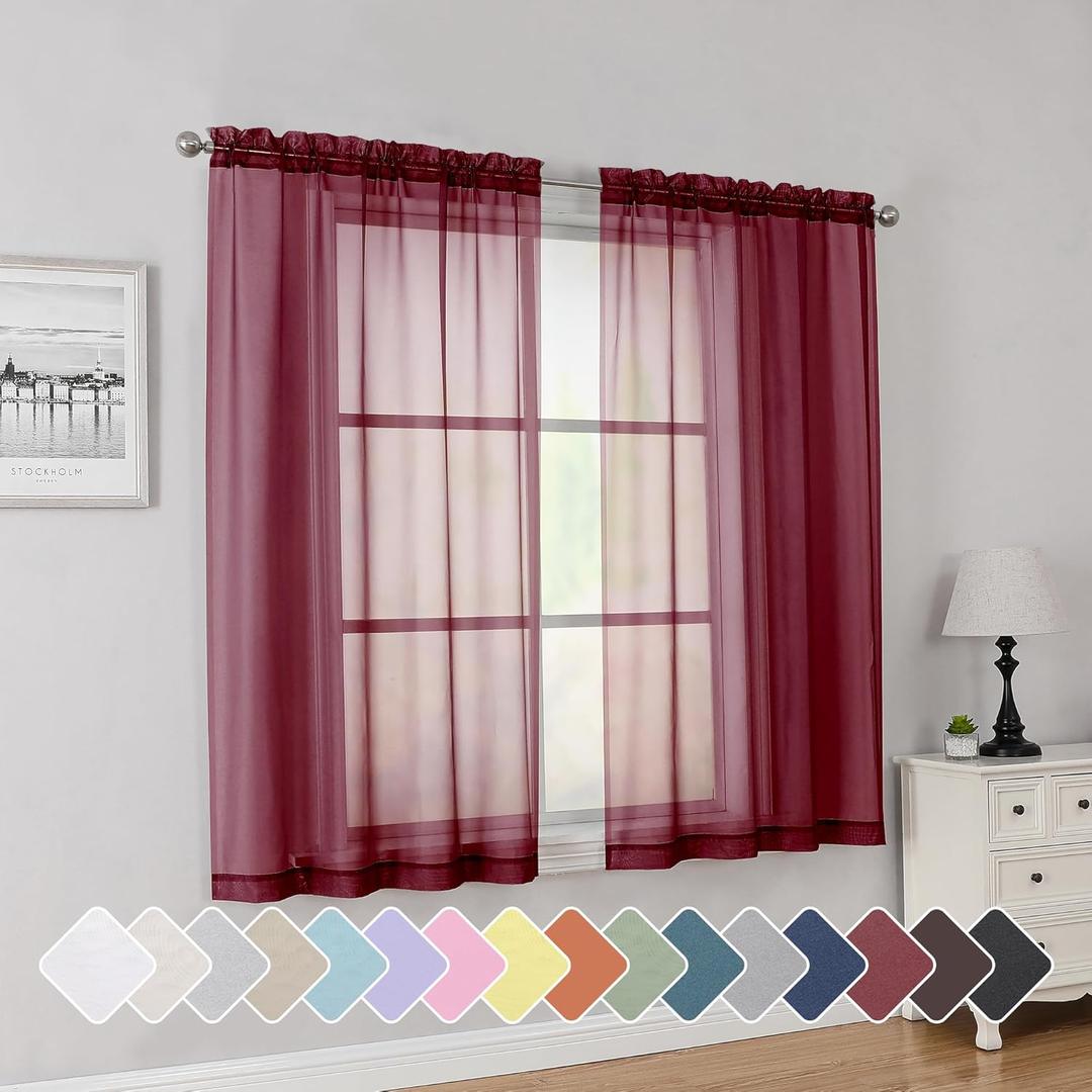 Simplebrand Rod Pocket Top Solid Voile Sheer Curtains for Bedroom, 54 Inch Length Drapes Set of 2, Lightweight and Light Filtering Elegant Red Curtains Panels Window Treatment, 42Wx54L, Burgundy