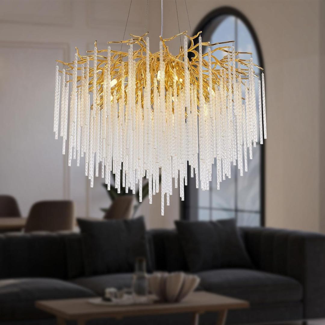 Modern Crystal Chandelier Gold Tree Branch Chandeliers Dining Room Chandeliers Over Table Luxury Round Chandelier for Living Room Bedroom, 24inch 8-Lights (Icicle-D24")