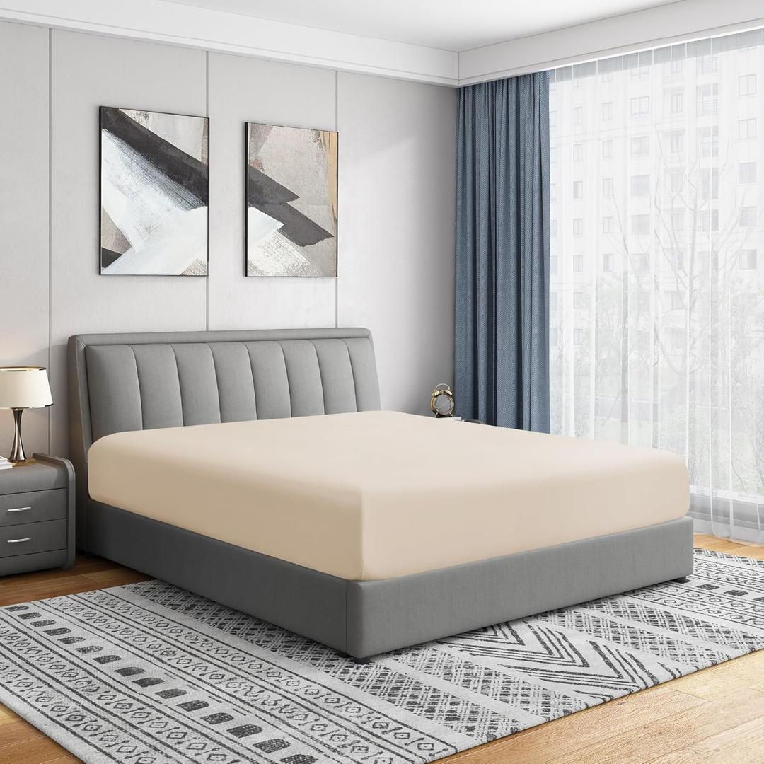 Cathay Home Queen Fitted Sheet - Double Brushed Ultra Soft  Wrinkle & Fade Resistant - 14" Standard Pocket Fitted Sheet Only - Good Fit for 12"-16" Deep Mattress (Queen, Cream)