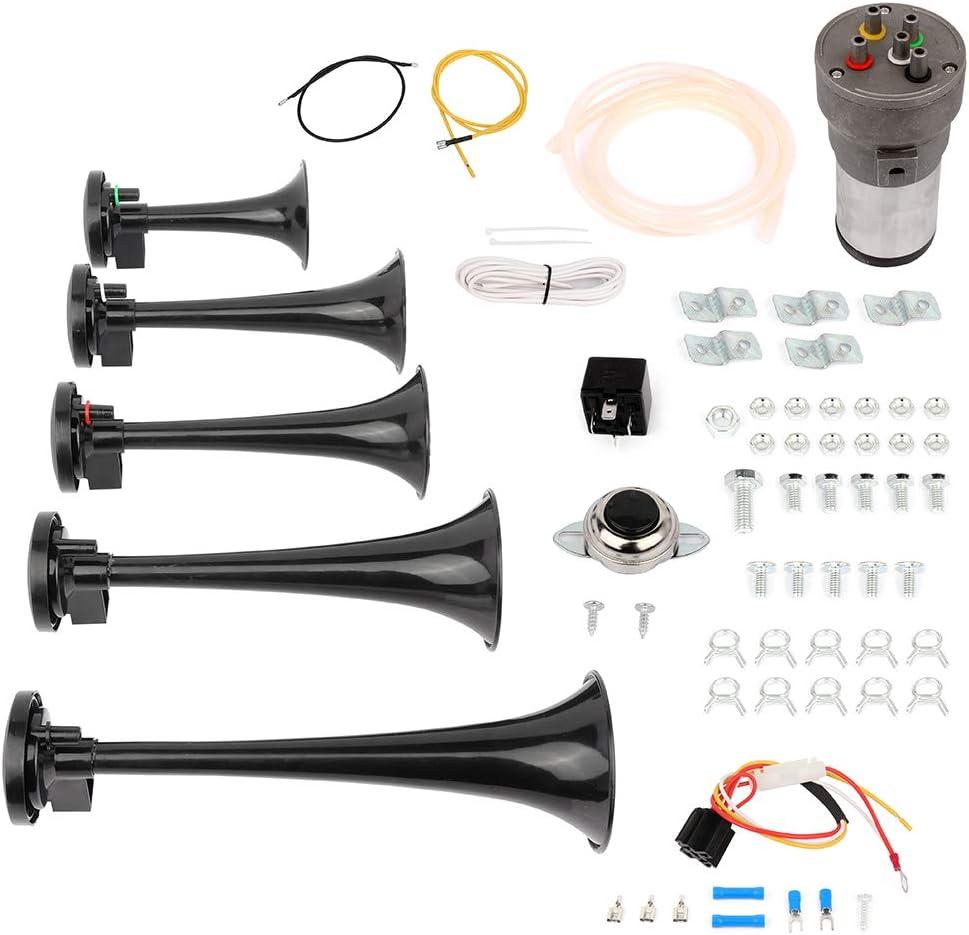 INEEDUP Train Horn for Truck, 12V 150dB 5 Trumpet Electric Musical Electric Train Car Horn with Compressor for Trucks Cars Vans Boats RVs SUVs Black