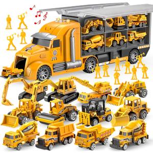 JOYIN 25-in-1 Construction Truck Toy Set with 12 Vehicles & 12 Worker Figures, Push and Go Toy Trucks with Sound and Light, Construction Toys Birthday Gifts for Kids 3 4 5 6 7 Years Old