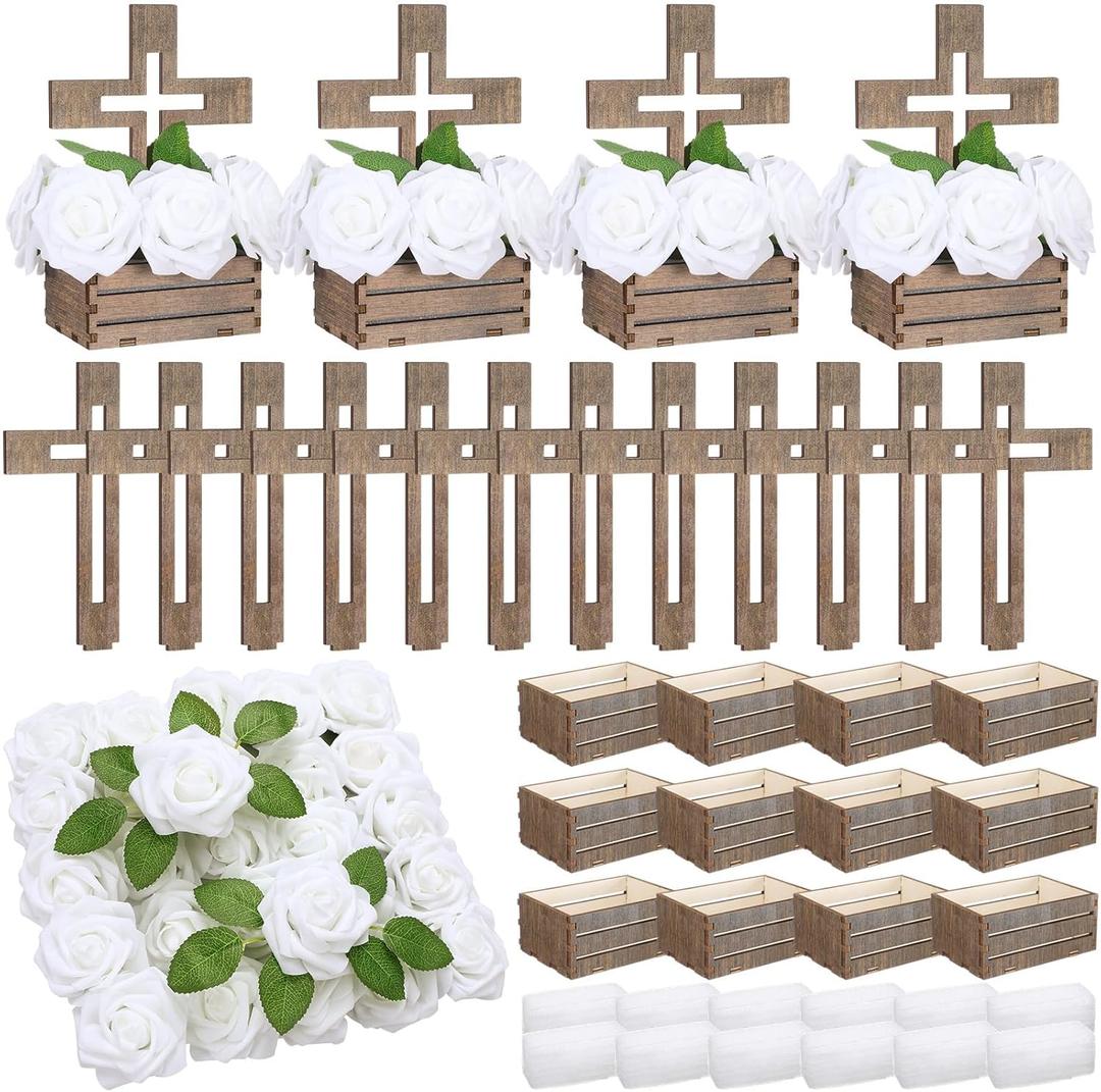Amyhill 123 Pcs Baptism Centerpieces for Tables 12 Wood Crosses 12 Wooden Boxes 75 Artificial Roses 24 Foam Padding Baptism Tables Decorations Kit for First Communion Wedding Baby Shower Decor